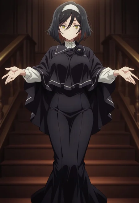 safe_pos, Linaris the Obsidian, 1girl, solo, yellow eyes, bangs, hair between eyes, short hair, black hair, red inner hair, white hairband, large breast, black dress, long dress, black poncho, white blouse, black flower, brown pantyhose, brown boots, standing on top of steps, hands reaching out on both side, looking at viewer, legs together, eyes open, closed mouth, light smile
BREAK
inside, medium close-up shot
BREAK
anime screencap, anime coloring, anime colored background, detailed background, detailed face, detailed eyes, shiny skin, shiny hair, red shine, absurdes, highres, dynamic pose, masterpiece, best quality, official art, cel shaded, graphic illustration, digital painting, CGI, very detailed, amazing quality, intricate details, dynamic pose, HDR, UHD, 8K, Fineline illustration, Highly detailed, ultra-fine painting, sharp focus, physically-based rendering, extreme detail description, Professional, Vivid Colors, Cinematic Lighting, lens flare, moody lighting, Tyndall effect, available light, Volumetric Lighting, rim light