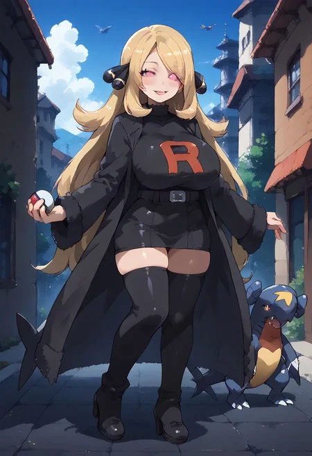 Score_9, Score_8_up, Score_7_up, Score_6_up, BREAK source_anime, 1girl, full body, high resolution, pokemon city background, hourglass figure, huge breasts, perky tits, blush, detailed face, submissive, swaying hips, happy, TMRckt, team rocket uniform, , black clothes, black coat, , black pants, black high heels, cameltoe, pink eyes, glowing eyes, holding a pokeball, pokeball in hand, pokeball, pleasure, looking at viewer, blissful smile, relaxed, elbow gloves, thigh highs, leather choker, [half-closed eyes], belt collar, belt, pokeball on belt, zzCynthia, solo, 1girl,  blonde, long hair,  dynamic pose, garchomp companion, 1 pokemon in the background, garchomp, pokemon (creature)