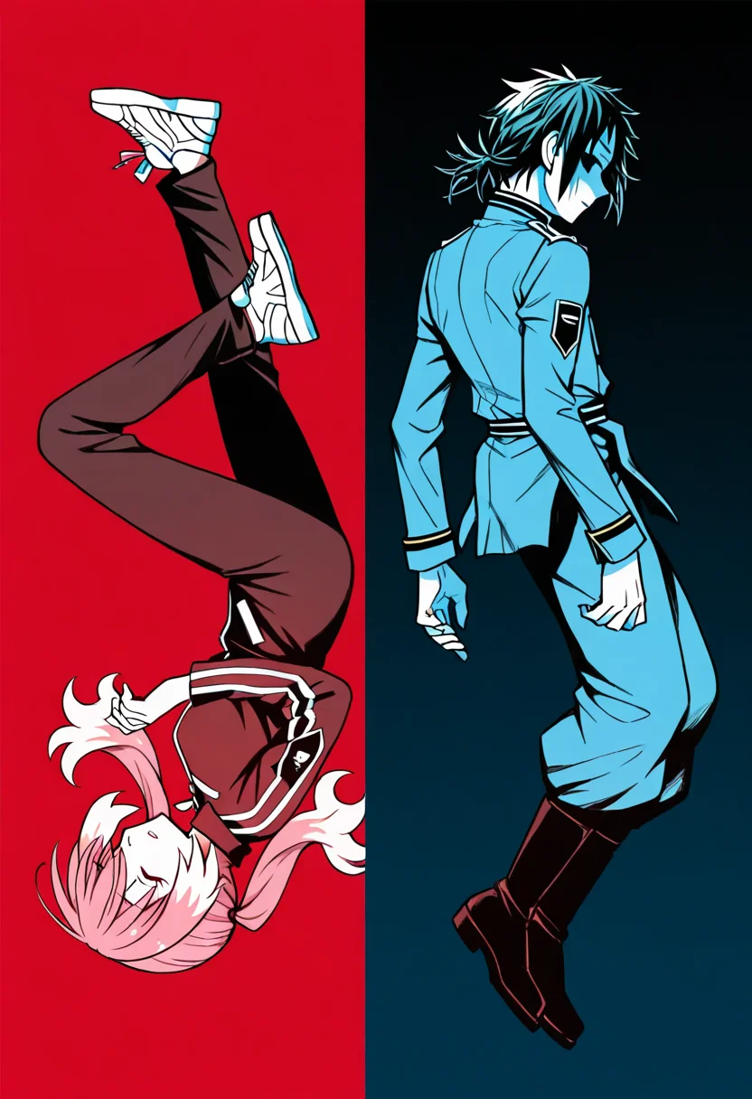masterpiece, best quality, before and after, limited palette, full body, floating, underwater, blurry background, glowing, from side, back-to-back, <lora:Talentless_Nana_-_( Nana+Nanao) _Timeskip-000005:1>
1girl, hiiragi nana, low twintails, red eyes, long hair, upside-down, badge, (red theme), parted lips, frown, closed eyes, two-tone hair, pink hair, white hair, bangs, black tracksuit, white sneakers
1boy, nakajima nanao, green hair, parted bangs, low ponytail, baggy pants, shaded face, floating, tucked pants, black boots, (blue theme), darkness, messy hair, half-closed eyes, looking back, black eyes, military uniform, high collar