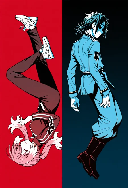 masterpiece, best quality, before and after, limited palette, full body, floating, underwater, blurry background, glowing, from side, back-to-back, <lora:Talentless_Nana_-_( Nana+Nanao) _Timeskip-000005:1>
1girl, hiiragi nana, low twintails, red eyes, long hair, upside-down, badge, (red theme), parted lips, frown, closed eyes, two-tone hair, pink hair, white hair, bangs, black tracksuit, white sneakers
1boy, nakajima nanao, green hair, parted bangs, low ponytail, baggy pants, shaded face, floating, tucked pants, black boots, (blue theme), darkness, messy hair, half-closed eyes, looking back, black eyes, military uniform, high collar
