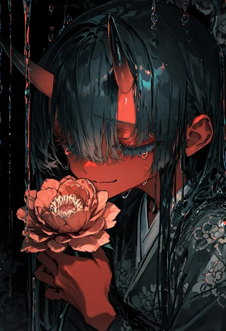 masterpiece, best quality, good quality, newest, highres, absurdres, uncensored,
BREAK 
detail background, very awa, absolutely eye-catching, (beautiful face), 
BREAK
amazing quality, best quality, ultra-detailed, 8K, illustration, CG, ultra-detailed-eyes, cute girl, eyelashes
BREAK
(sexy, slutty, hot, aroused) (only girl, solo foucus)
Aka-Oni, oni, colored skin, red skin, smooth horns, black horns, 
BREAK 
sad,1girl,crying,holding flower,dark,portrait,sketch,limited palette,sidelighting,smile,no eyes,long hair,hair between eyes,wet hair,rain,water drop,
(by yoneyama mai, rolua, roitz \( roitz \):1.25), colored lines, floral background, peony \(flower\), petals,