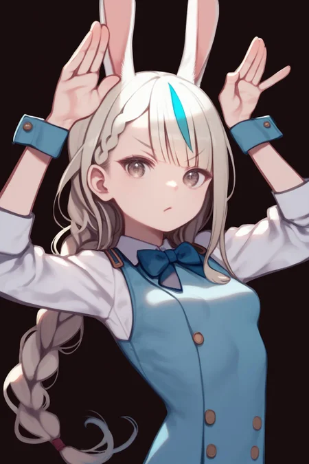 score_7_up, high resolution, 1girl, looking at viewer, rabbit pose, v-shaped eyebrows, streaked hair, low-braided long hair, long bangs, bronze eyes, small breasts, blue waistcoat <lora:kuroboshi_kouhaku_PonyXL_style_v01.09:1>