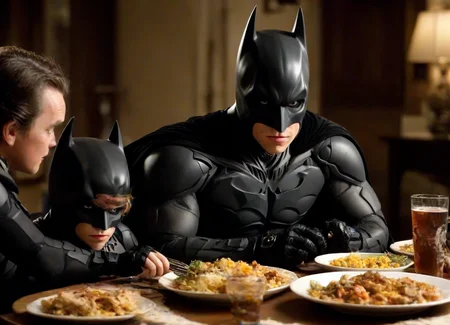<lora:PE_Batman_DarkKnight:0.8> PEBatman,
eating with family, dinner, at home,
masterpiece, high resolution, octance 4k, high detail,