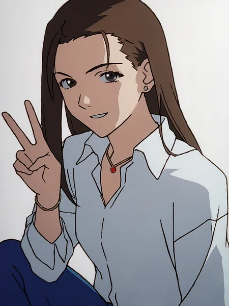 woman, 20 y/o, 20 year old woman, score_7_up, score_8_up, score_9, BREAK masterpiece, perfect hands, high quality, white background, <lora:Iwakura_Mika_PDXLv0b:0.7> iwakura mika, white collared shirt, necklace, blue pants, v:1.2