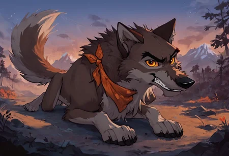 score_9, score_8_up, score_7_up, score_6_up, score_5_up, score_4_up, source_furry, hi res, concept art, in forest, sunny, mountain landscape, fields, night, solo, Balto, wolf, wolfdog, wearing an orange kerchief, yellow sclera, brown eyes, looking at viewer, determined, looking focused, smile, male, laying on ground, feet, wolf feet, four toed wolf feet, black foot pads, relaxing pose