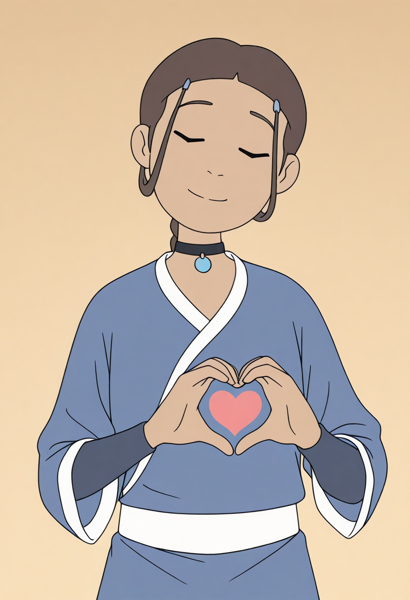 <lora:Katara_Illustrious_X:1>
 <lora:Juukyuu_Style:1>
1girl, dark skin, dark-skinned female, brown hair, choker, jewelry, hair ornament, katara, braid,
solo,
blue robe, upper body,
head tilt, light smile, closed mouth, closed eyes,
own hands together, heart hands,
masterpiece, flat colors, solid circle eyes,
