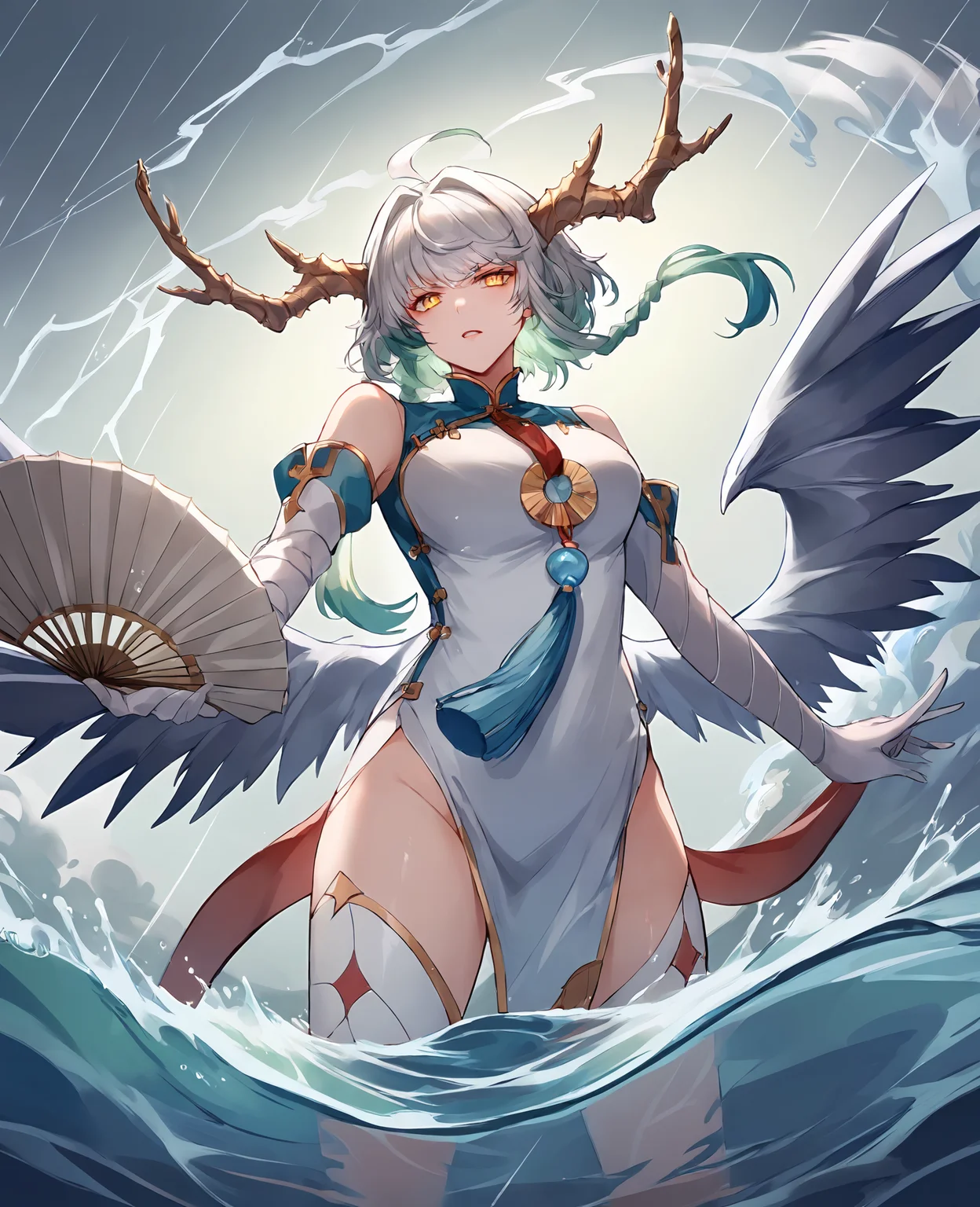 score_9,score_8_up,score_7_up,source_anime,rating_safe BREAK masterpiece,highres,best quality,high quality,dramatic angle,cinematic lighting,1girl,<lora:ShadowverseSilong_Pony_V2:0.86>,white hair,braids,gradient hair,horns,yellow eyes,white china dress,gold trim,tassel,elbow gloves,bare shoulders,thighhighs,decorations,wading,wave,rain,raindrop,heavy rain,dark clouds,lightning,thunder cloud,serious,open mouth,water magic,holding fan,handfan,low wings,depth of field,shaded face,watson cross,close-up,portrait,huge fan,waves,tall wave,wave like the end of world,tsunami,grasp,<lora:add-detail-xl:0.22>,<lora:flat_sdxl:-0.43>,casting magic,dynamic angle,blue theme,