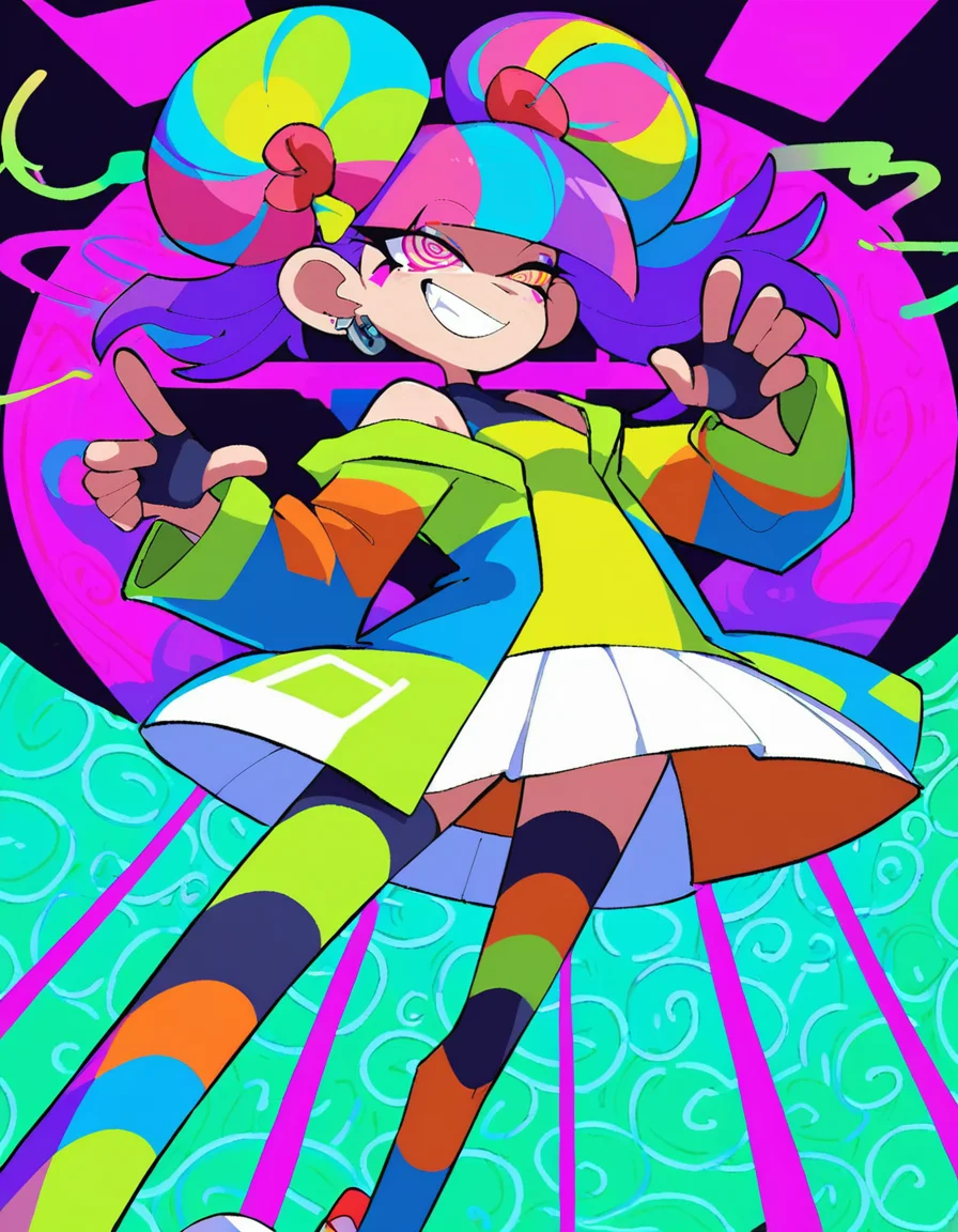 Psychedelic style score_9,score_8_up,score_7_up, 1woman,
A vibrant painter creating an abstract masterpiece, with colorful hair, Longshot, in the style of Kazuo Oga, Polkadot, blooming flowers, purple and pink, artistic influence, 32K, UHD, sharp focus , expressive <lora:P_Calyx:0.5> c4lyx <lora:Graphic_Novel_Style_r1:0.2> ffgns <lora:Pop_Art_Pony:0.1> daiton style . Vibrant colors, swirling patterns, abstract forms, surreal, trippy