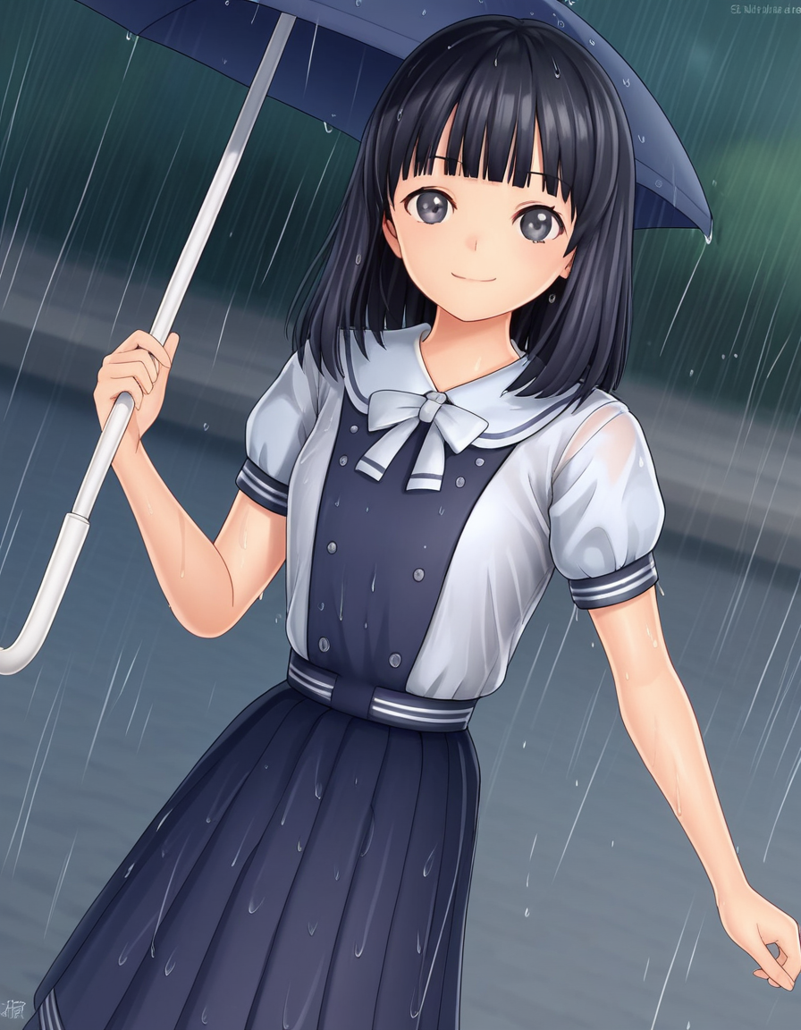 score_9, score_8_up, score_7_up, source_anime, <lora:rinze-himenogi-ingame-ponyxl-lora-nochekaiser:1>, rinze himenogi, bangs, black hair, blunt bangs, black eyes, 3d, skirt, dress, school uniform, short sleeves, puffy sleeves, black dress,, rainy day, umbrella, walking home, puddles, wet hair, smile, looking at viewer, smug, solo,, dutch angle,