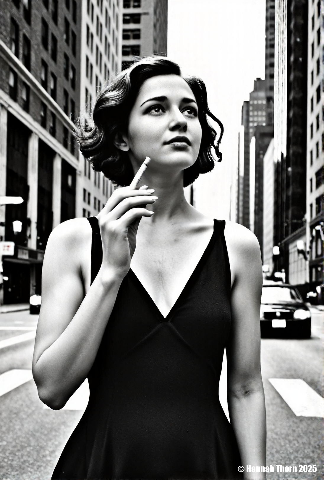 A realistic black and white photograph of a young beautiful brunette woman standing on a city street, wearing a black v-neck dress, with short curly hair, holding a cigarette in her hand, looking up at the sky, with tall buildings in the background, cars driving on the street, street signs on the buildings, daytime, medium shot, detailed face, realistic skin texture, film grain, high resolution, natural lighting, dramatic shadows, shot with a Leica camera, 50mm lens, f/2.8 aperture, 1/250 shutter speed, ISO 200, shot on Kodak Tri-X 400 film., <lora:_Flux\_Photographer\Helmut_Newton-000001.safetensors:0.8300000000000002:0.8300000000000002> <lora:_Flux\_Skin_Appearance\detailifier_flux-000006.safetensors:0.8300000000000002:0.8300000000000002> <lora:_Flux\_Skin_Appearance\Old_Beauty.safetensors:0.7500000000000001:0.7500000000000001>, A stunning black and white portrait of a young woman, her face partially obscured by a strip of 35mm film. The film runs vertically, bisecting her face, with the individual frames visible and adding an intriguing layer to the composition. Her expression is serene, eyes gazing slightly off-camera, framed by dark, wavy hair. The lighting is soft and diffused, creating subtle shadows that accentuate her features. The background is a soft, out-of-focus white, drawing attention to the subject. The overall mood is artistic and contemplative, evoking a sense of classic Hollywood glamour. The image is reminiscent of vintage photography, with a timeless quality. The contrast between the smooth skin and the textured film adds visual interest. The composition is simple yet effective, creating a captivating and memorable image., <lora:_Flux\_Photographer\Helmut_Newton-000001.safetensors:0.8300000000000002:0.8300000000000002> <lora:_Flux\_Skin_Appearance\detailifier_flux-000006.safetensors:0.8300000000000002:0.8300000000000002> <lora:_Flux\_Skin_Appearance\Old_Beauty.safetensors:0.7500000000000001:0.7500000000000001><lora:_Flux\_Photographer\Helmut_Newton-000001.safetensors:0.8300000000000002:0.8300000000000002> <lora:_Flux\_Skin_Appearance\detailifier_flux-000006.safetensors:0.8300000000000002:0.8300000000000002> <lora:_Flux\_Skin_Appearance\Old_Beauty.safetensors:0.7500000000000001:0.7500000000000001>