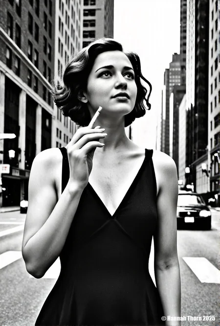 A realistic black and white photograph of a young beautiful brunette woman standing on a city street, wearing a black v-neck dress, with short curly hair, holding a cigarette in her hand, looking up at the sky, with tall buildings in the background, cars driving on the street, street signs on the buildings, daytime, medium shot, detailed face, realistic skin texture, film grain, high resolution, natural lighting, dramatic shadows, shot with a Leica camera, 50mm lens, f/2.8 aperture, 1/250 shutter speed, ISO 200, shot on Kodak Tri-X 400 film., <lora:_Flux\_Photographer\Helmut_Newton-000001.safetensors:0.8300000000000002:0.8300000000000002> <lora:_Flux\_Skin_Appearance\detailifier_flux-000006.safetensors:0.8300000000000002:0.8300000000000002> <lora:_Flux\_Skin_Appearance\Old_Beauty.safetensors:0.7500000000000001:0.7500000000000001>, A stunning black and white portrait of a young woman, her face partially obscured by a strip of 35mm film. The film runs vertically, bisecting her face, with the individual frames visible and adding an intriguing layer to the composition. Her expression is serene, eyes gazing slightly off-camera, framed by dark, wavy hair. The lighting is soft and diffused, creating subtle shadows that accentuate her features. The background is a soft, out-of-focus white, drawing attention to the subject. The overall mood is artistic and contemplative, evoking a sense of classic Hollywood glamour. The image is reminiscent of vintage photography, with a timeless quality. The contrast between the smooth skin and the textured film adds visual interest. The composition is simple yet effective, creating a captivating and memorable image., <lora:_Flux\_Photographer\Helmut_Newton-000001.safetensors:0.8300000000000002:0.8300000000000002> <lora:_Flux\_Skin_Appearance\detailifier_flux-000006.safetensors:0.8300000000000002:0.8300000000000002> <lora:_Flux\_Skin_Appearance\Old_Beauty.safetensors:0.7500000000000001:0.7500000000000001><lora:_Flux\_Photographer\Helmut_Newton-000001.safetensors:0.8300000000000002:0.8300000000000002> <lora:_Flux\_Skin_Appearance\detailifier_flux-000006.safetensors:0.8300000000000002:0.8300000000000002> <lora:_Flux\_Skin_Appearance\Old_Beauty.safetensors:0.7500000000000001:0.7500000000000001>