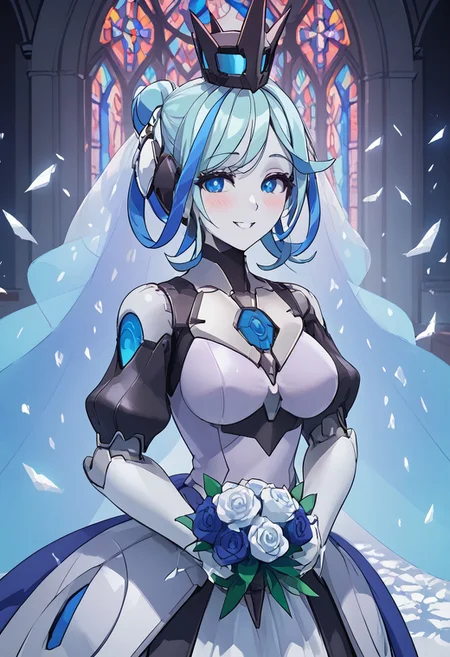 score_4,score_5,score_6,score_7_up,score_8_up,score_9 ((masterpiece,best quality,ultra detailed,highres,HD,4k:1.2)),
1 girl, solo,solo focus,girl focus,face focus,
robot joints,colored skin,
blue hair,two-tone hair,multicolored hair,streaked hair,single hair bun,crown,blue eyes,large breasts,
wedding dress, wedding veil,bouquet,
wedding ceremony, church,
looking at viewer,happy,light smile,blush,