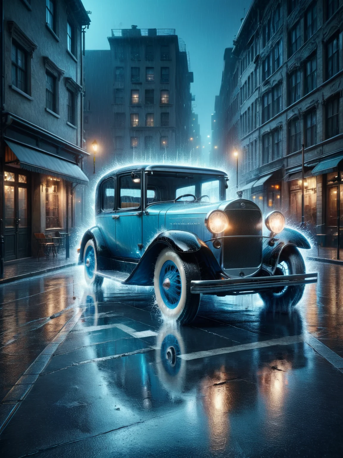 An ais-sparkz vintage car parked on a rainy street at night reflecting on the wet pavement. <lora:Sparks_Style_SDXL:1>