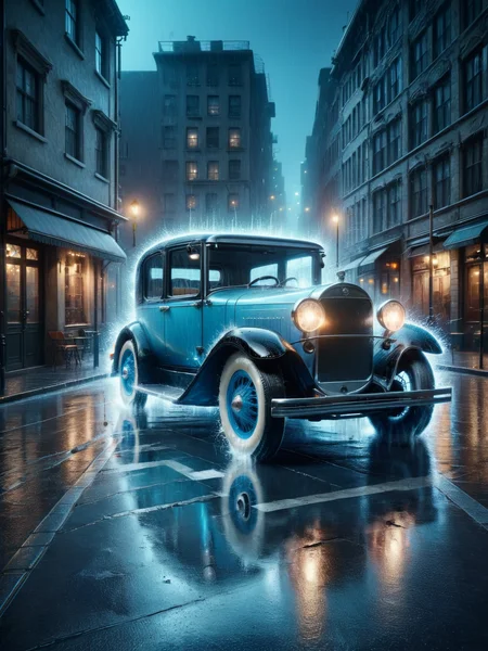 An ais-sparkz vintage car parked on a rainy street at night reflecting on the wet pavement. <lora:Sparks_Style_SDXL:1>
