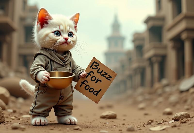 realistic image of white kitten with the ruined city in midlle east background, kitten standing with his two feet, wearing torn down clothes, dirty face with smeared dirt in his face, hungry expression, looks empty bowl in left hand and in right hand he holding card board sign that reads "buzz for food" begged for buzz