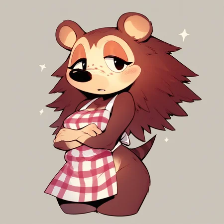 score_9, score_8_up, score_7_up, anthro, furry female, sable able, hedgehog, brown fur, half-closed eyes, black eyes, black nose, snout, freckles, striped tail, standing, apron, plaid apron