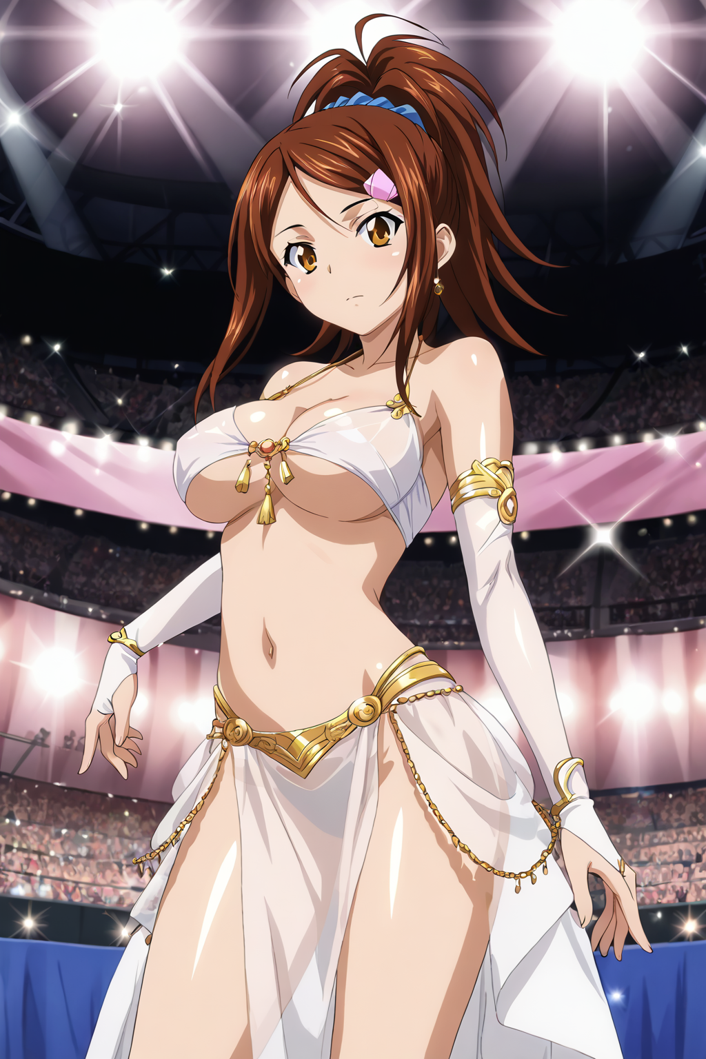 score_9, score_8_up, score_7_up, BREAK source_anime, masterpiece, anime screencap, shiny skin,
1girl, bachou mouki, long hair, ponytail, brown hair, hairclip, blue scrunchie, brown eyes, large breasts,  <lora:bachou_pony-000015:0.8>
 see-through, cleavage, underboob, standing, jewelry, bridal gauntlets, elbow gloves, stomach, collarbone,  audience, dance,