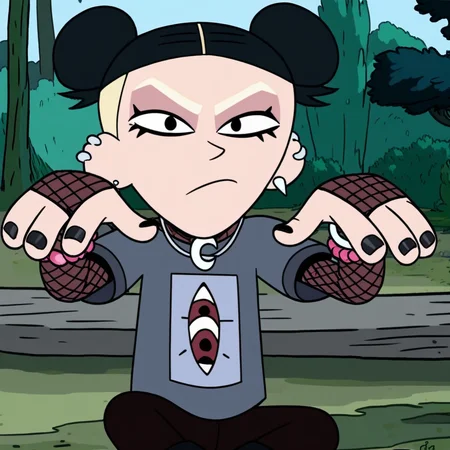 1 girl, , double bun hair, solo, ear piercings, moon symbol necklace, black eyes, blonde eyebrows, brown pants, black hair, black nail polish, pink bracelets, fishnet under shirt