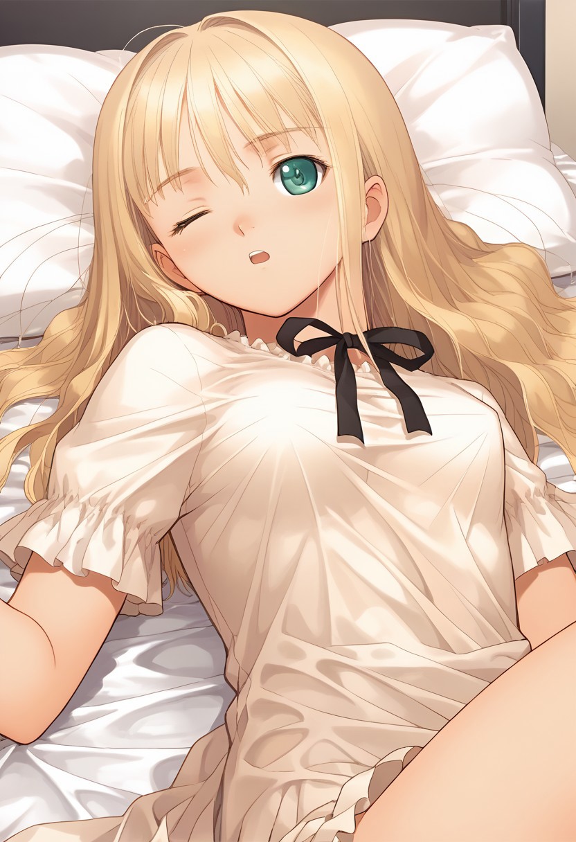 hortensia,score_9,score_8_up,score_7_up,source_anime,best quality,masterpiece,illustration,8k,smooth_lines,1girl,solo,small_breasts,((open_eye)),curled,bed,waking_up,(((defined_hands))),4kbluray cover