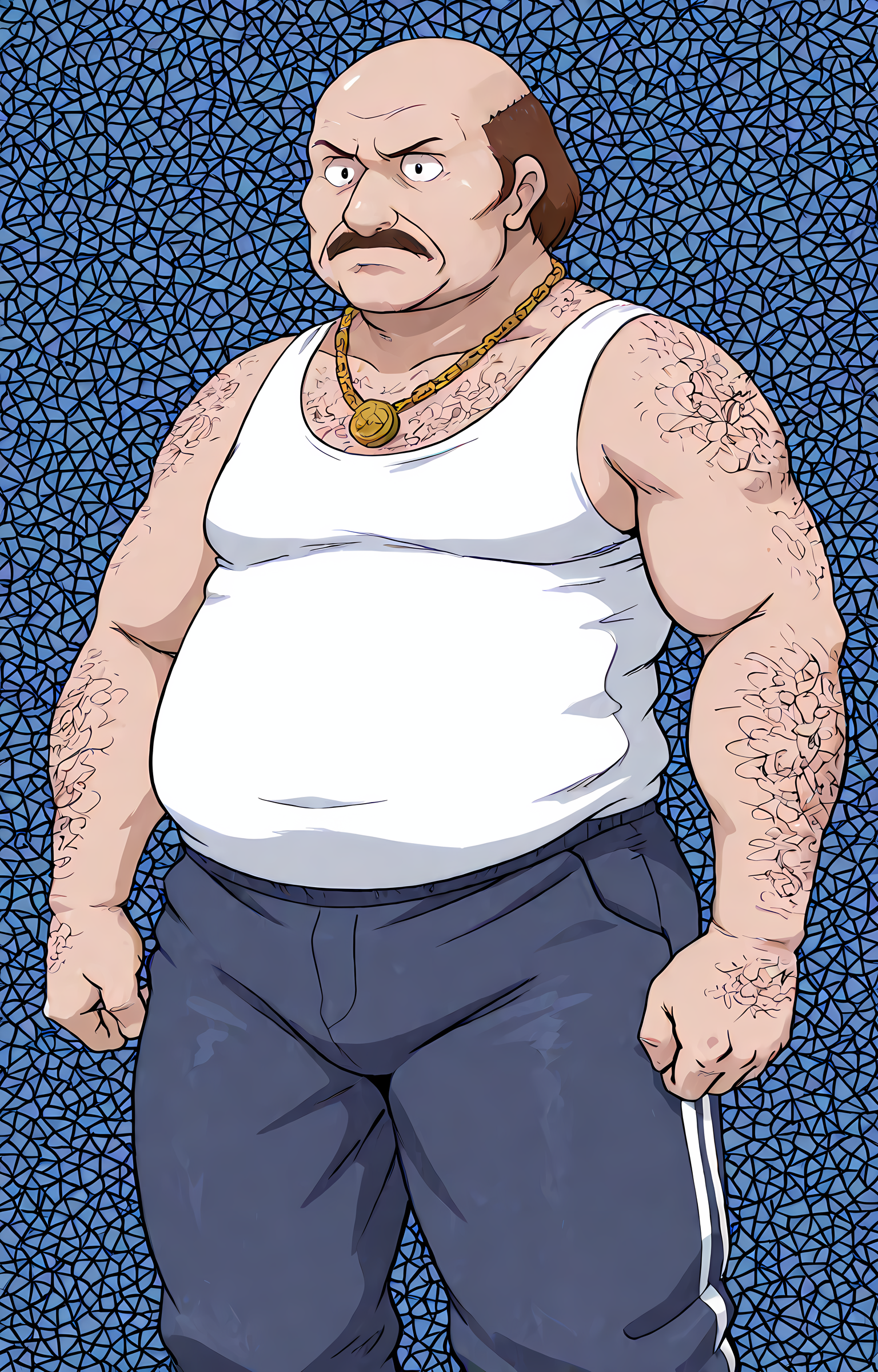 masterpiece, best quality, amazing quality, dutch angle, abstract background, toon style, BREAK
1boy, solo, male focus, mature male, athf_carl, bald, brown hair, mustache, hairy, tank top, overweight, blue sweatpants, gold chain necklace, BREAK 
 <lora:Carl Brutananadilewski - Aqua Teen Hunger Force - ILXL:1> <lora:Maldu_-_PDXL_Style_Lora:1> m@ldu <lora:Kumao_-_PDXL_Artist_Style:1> kumao_style <lora:Neyukidou__Takaku_Nozomu_-_PDXL_Artist_Style:1> n3yuk1d0u