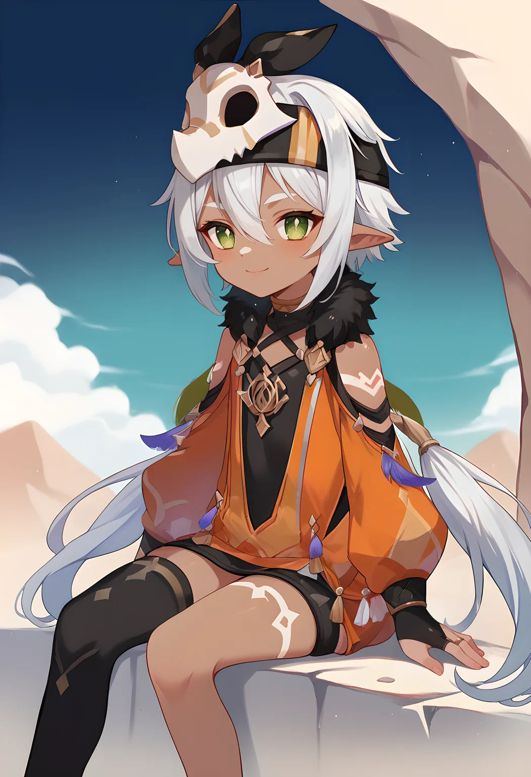 score_9_up,score_8_up,score_7_up,<lora:GI_Iansan_v1.0_PONY-000014:1>,
GI_Iansan,solo,1girl,
low twintails,green eyes,dark skin,long hair,hair between eyes,white hair,tattoo,pointy ears,
hair ornament,puffy sleeves,single thighhigh,fur trim,black thighhigh,facial mark,orange dress,ring,
smile,sitting,wariza,on a desert,hands_on_lap