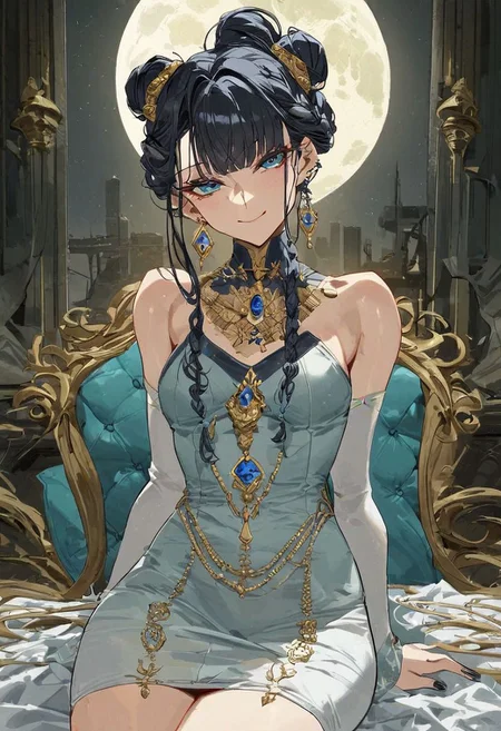 score_9_up, score_8_up, score_7_up, very detailed,
1girl, fair skin, Indian woman, gold piercings, indian make up, black hair, light blue hair, multicolour hair, small breasts, moon goddess, flowing teal dress, decorated dress with jewels and silver, high necked dress, fully covered breasts, covered chest, tight dress, impressive hair, braided hair, hair bun, fancy hair, sly smile, arrogant expression, condescending expression, night time, sitting on steps, looking at viewer, solo focus on female face, portrait shot, from stomach up, stylised, cyberpunk building in background, detailed face, best detail, (best quality:1.5), masterpiece, (high resolution:1.5)
ng_deepnegative_v1_75t, OverallDetail, , Expressiveh
