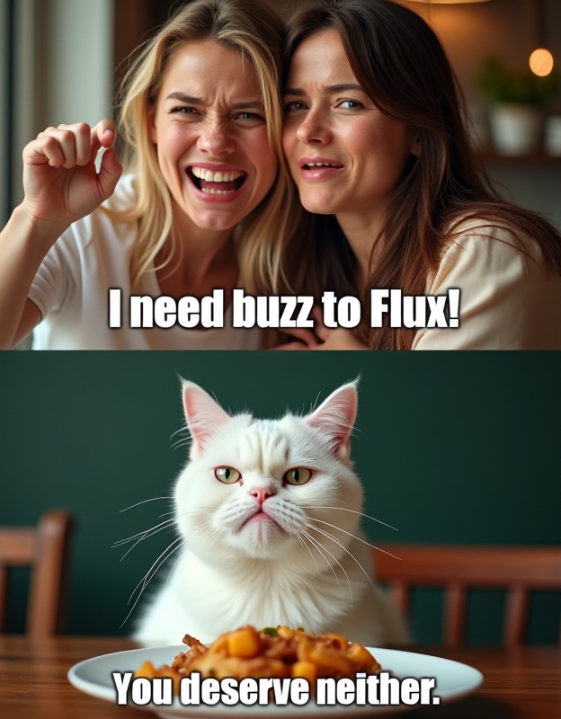 on the top half of image floating english text "I need buzz to Flux!" written with big white letters ,on the top half of image two women ,on the top half of image first woman is blonde and is crying and angrily pointing index finger to the right ,on the top half of image second woman is brunete and is calm with neutral expression and hugging first woman from behind , on the bottom half of image is a white grumpy cat with open mouth sitting behind restaurant table with a food plate on it, cat's ears are down, cat is irritated , on the bottom half of image floating english text "You deserve neither." written with big white letters