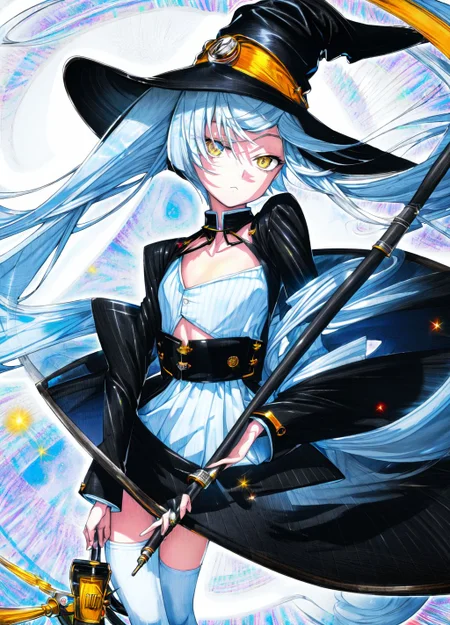 best quality, masterpiece, f highres, creative,  hyper detailed, 
oil painting, (((flat chest))), black shirt, 1girl, teen witch with pointed hat holding a broom and a wand in her hand, with a blue hair and white eyes, official art, a manga drawing,  full body view