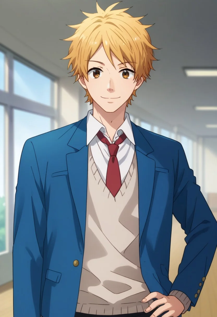 score_9, score_8_up, score_7_up, source_anime, highly detailed,
natsuki, 1boy, male focus, school uniform, solo, necktie, blonde hair, jacket, blue jacket, smile,
upper body, blazer, brown eyes, hand on hip, pants, sweater, red necktie,
looking at viewer,