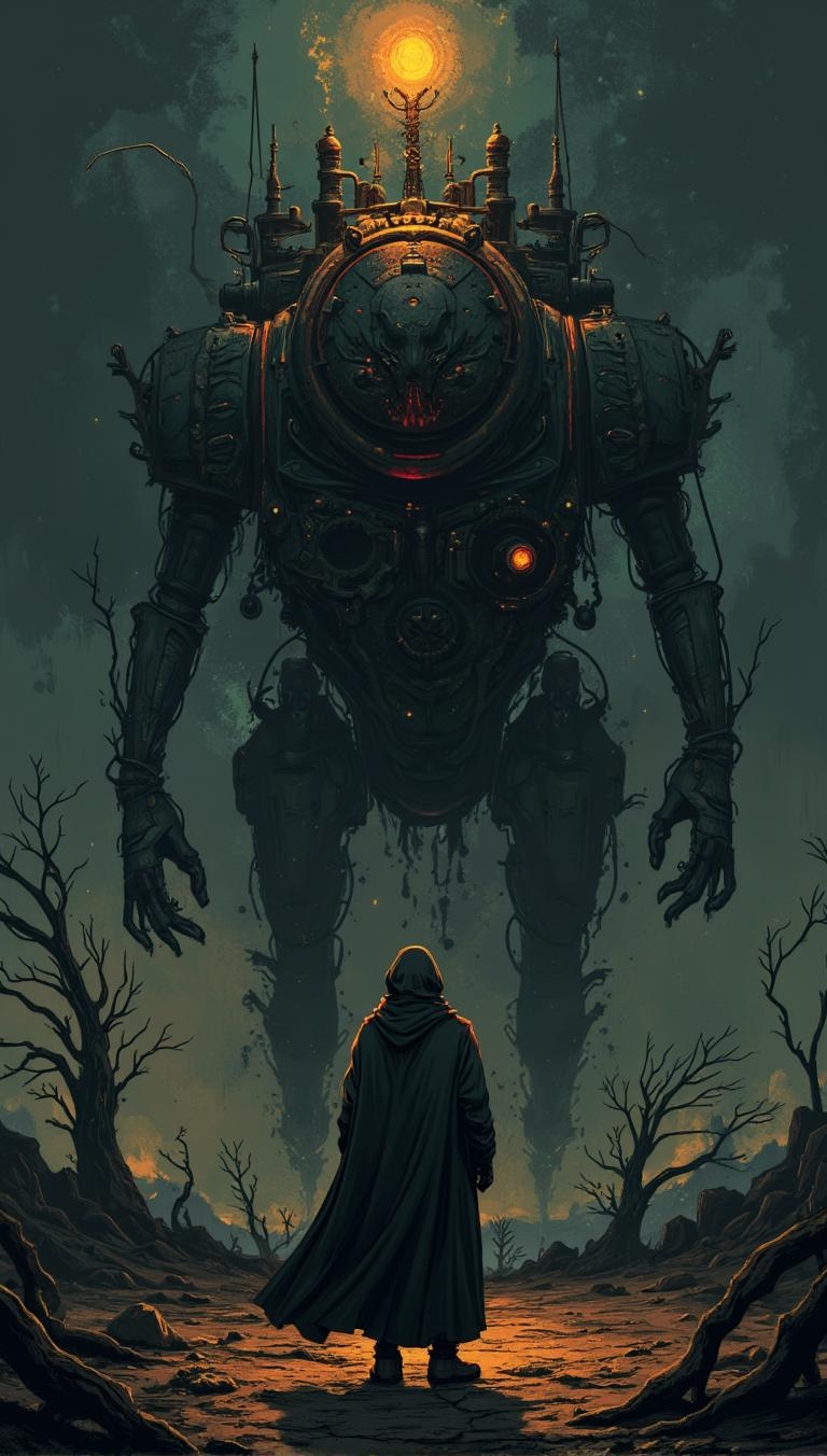 <lora:pixa_atyle-000001.safetensors:1> pixa style,champions,cute
In a landscape shrouded in an eternal twilight, the air thick with the scent of incense and the distant hum of the city, a cloaked figure stands resolutely. The figure, a middle-aged Arab man with a weathered face and a cascade of dark, wavy hair peeking out from beneath his hood, gazes intently at the monstrous, mechanical behemoth before him. His eyes, deep and contemplative, are the only visible feature in the dim light.
The mechanical monstrosity looms large, its metal surface textured with intricate, pixelated patterns that give it an eerie, almost ethereal quality. The machine's gears and cogs are suspended in mid-air, casting long, jagged shadows on the desolate ground. The landscape is a stark, grim expanse of cracked earth and twisted, gnarled trees, their branches reaching out like skeletal fingers.
The sky above is a deep, inky black, pierced by a single, warm, glowing light that casts dramatic, high-contrast shadows. The light illuminates the figure and the mechanical monstrosity, highlighting the textures and details with a painterly gradient. The scene is bathed in a palette of deep blacks and muted neutrals, with warm, glowing highlights in reds, yellows, and greens that add a sense of life and tension.
The figure’s cloak, made of rich, dark fabric, flows around him, creating a dynamic, almost surreal silhouette. The texture of the cloak, with its smooth, aged effect, contrasts with the rigid, pixelated surface of the mechanical monstrosity. The scene is a blend of mystique and tension, where the eerie and the whimsical coexist in a haunting, celebratory dance of light and shadow.