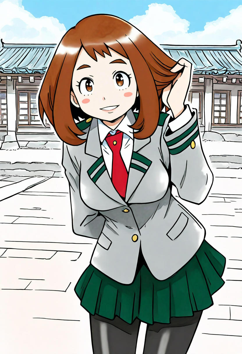 ict style,watercolor \(medium\), 1girl,solo, brown hair,brown eyes,short hair,smile,medium breasts,u.a. school uniform,white collared shirt,red necktie,epaulettes,grey jacket,green pleated skirt,black pantyhose,long sleeves, outdoors,east asian architecture,town, looking at viewer,leaning forward,hand in own hair,parted lips,arm behind back,blush stickers,  masterpiece, best quality, amazing quality, very aesthetic, absurdres,(uraraka ochako:0.5), <lora:KenSugimoriIllus2-000020:1.2> <lora:OchakoIllus:1>
