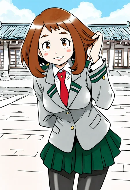 ict style,watercolor \(medium\), 1girl,solo, brown hair,brown eyes,short hair,smile,medium breasts,u.a. school uniform,white collared shirt,red necktie,epaulettes,grey jacket,green pleated skirt,black pantyhose,long sleeves, outdoors,east asian architecture,town, looking at viewer,leaning forward,hand in own hair,parted lips,arm behind back,blush stickers, masterpiece, best quality, amazing quality, very aesthetic, absurdres,(uraraka ochako:0.5), <lora:KenSugimoriIllus2-000020:1.2> <lora:OchakoIllus:1>