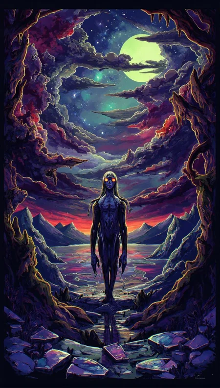 <lora:ck-LttleGhost-000011.safetensors:1> in the style of ck-lttlegh0stA gaunt figure stands amidst a surreal landscape of twisted clouds, pulsing mountains and stars, surrounded by a pixelated mosaic of chaotic colors. His death's mask face twists with torment as he stands before a shattered mirror-like water surface.