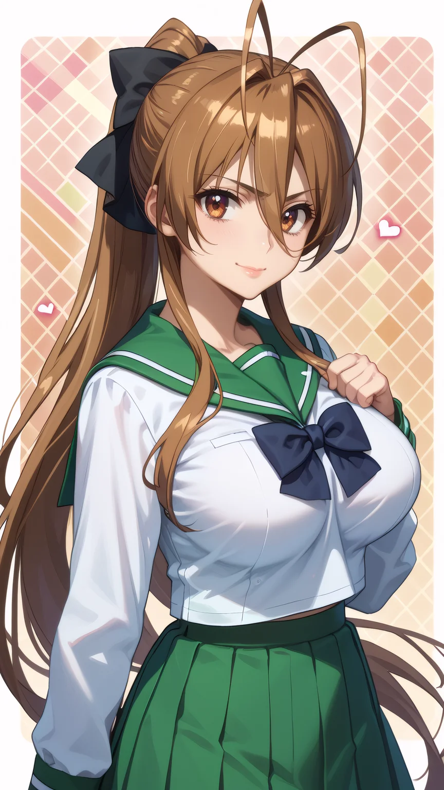 score_9, score_8_up, score_7_up, 1girl, looking at viewer, cowboy shot, sunlight, abstract background, argyle background, rainbow, heart, upper body, close-up, portrait,
<lora:Rei_Miyamoto_Dwnsty:0.8>, rei_miyamoto, brown hair, brown eyes, very long hair, antenna hair, hair between eyes, ponytail, school uniform, long sleeves, green skirt, serafuku, black thighhighs, zettai ryouiki, black bow,
mature female, large breasts, skindentation, lips, light smile, determined, adjusting clothes,