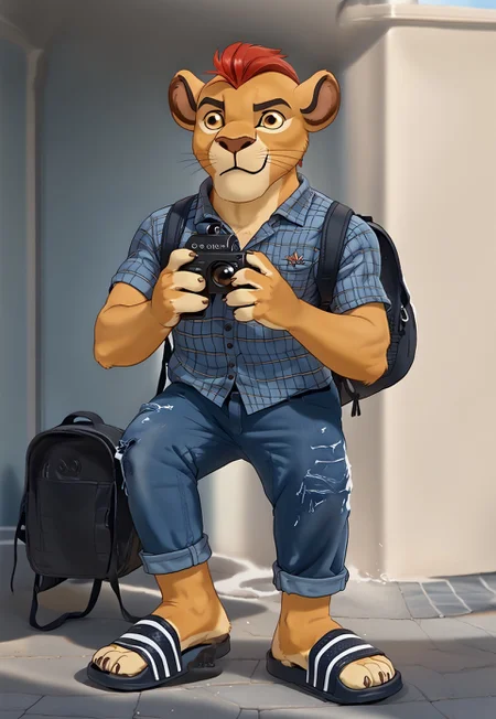masterpiece, best quality, newest, anime, source anime, illustration, westernvisualnovel style,
(((Barefoot furry character, cinematic setting, furry male))), eyecatching composition, dynamic pose, dynamic angles, detailed background
(((Kion))), furry character, (((hefty lion boy))), full body, solo, young school lion boy, ((tourist)), flannel plaid shirt, cargo half length pants, half pants, (((in historical center of the city))), (((gothic architecture))), lion feet paws, four toes, foot focus, wearing sandals, adiletteonfeet, backpack, (((holding camera with both hands))),