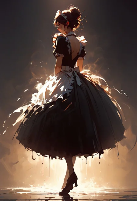 score_9, score_8_up, score_8,
1girl, solo, female, woman
maid, french maid, backlit, messy hairbun,
full body,
blend_in. black background,