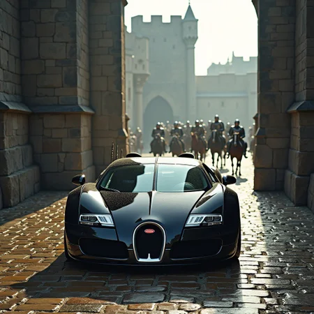 A black Bugatti Veyron with lances welded to its sides, racing out across the drawbridge of a medieval castle with mounted knights following behind.