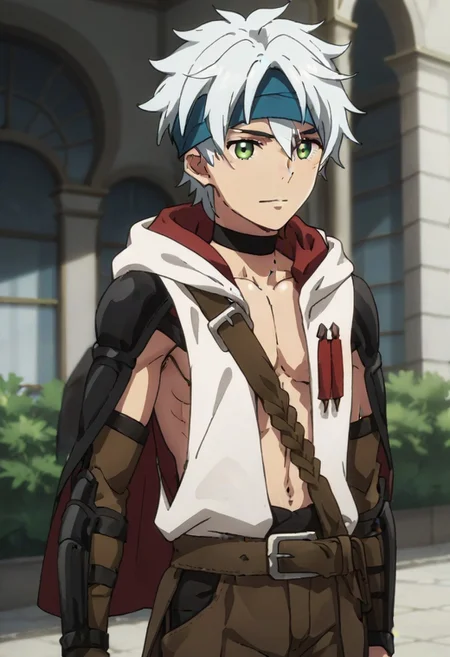 ((masterpiece)), ((best quality)), ((ultra-detailed)), score_9_up, score_8_up, score_7_up, HD, top quality, best quality, High-quality illustrations, anime screencap, perfect anatomy, 1male, 1boy, solo male, male focus, anime, anime boy, male anime character, handsome, attractive, cute, Aram, white hair, green eyes, blue headband, long sleeveless white hoodie, tailcoat, black choker, long arm guards, brown pants
