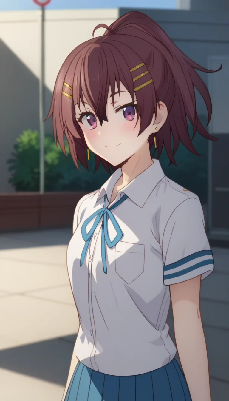 score_9,score_8_up,score_7_up,score_6_up BREAK official art,solo,outdoors,upper body,(portrait:1.5),looking at viewer,facing viewer,smile,blush,Momozono Momoka,long hair,brown hair,ponytail,hair ornament,hairclip,hair between eyes,bangs,purple eyes,school uniform,white shirt,collared shirt,blue ribbon,short sleeves,small breasts,skindentation,miniskirt,blue skirt,pleated skirt,bare legs,sneakers,blue footwear,<lora:Momozono Momoka(dhh)-Pony:1.8>,