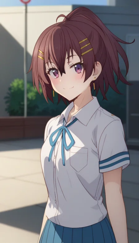 score_9,score_8_up,score_7_up,score_6_up BREAK official art,solo,outdoors,upper body,(portrait:1.5),looking at viewer,facing viewer,smile,blush,Momozono Momoka,long hair,brown hair,ponytail,hair ornament,hairclip,hair between eyes,bangs,purple eyes,school uniform,white shirt,collared shirt,blue ribbon,short sleeves,small breasts,skindentation,miniskirt,blue skirt,pleated skirt,bare legs,sneakers,blue footwear,<lora:Momozono Momoka(dhh)-Pony:1.8>,