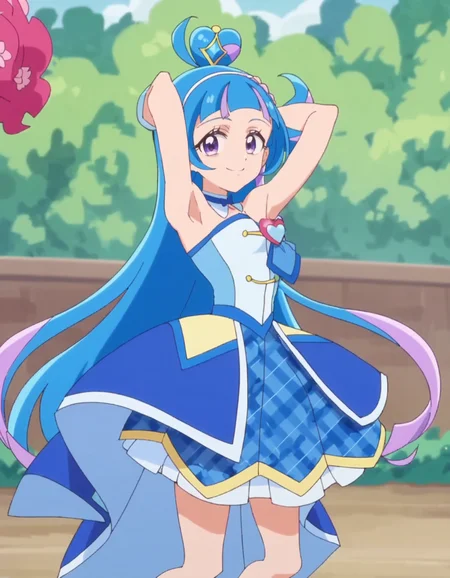 score_9, score_8_up, score_7_up, anime screencap, solo,1girl,curewink,blue hair, blue dress, magical girl, skirt,smile, looking at viewer,armpit,medium breasts <lora:curewink_pony:0.8>