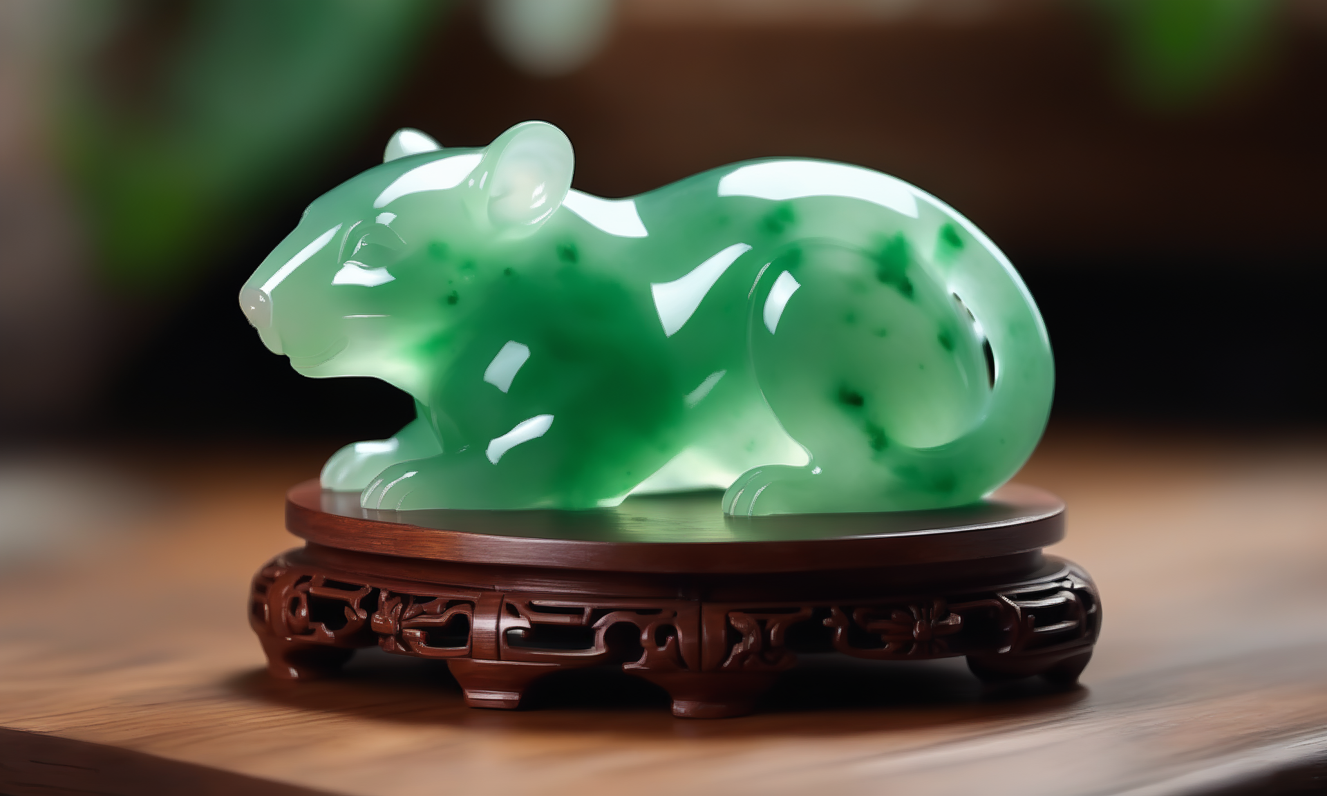 ethereal fantasy concept art of  <lora:jadeitecarvingcd_xl-000006:0.6>,a statue of a rat made of (green jadeite, transparent) on floor,tilt-shift,miniature,jadeitecarvingcd_xl with green theme,no humans,long-focus,indoors,chinese zodiac,wooden table,cutie,cute,still life,animal statue,front view,facing viewer,looking at viewer . magnificent, celestial, ethereal, painterly, epic, majestic, magical, fantasy art, cover art, dreamy