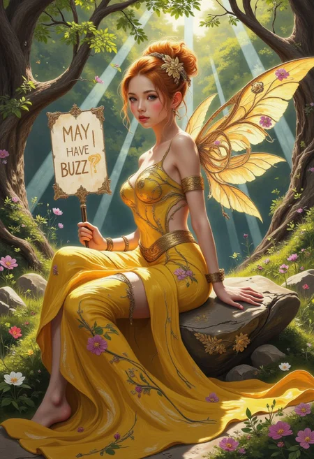 A visually stunning scene capturing the essence of beauty and emotion. Subject: A radiant fairy-like woman with fiery orange hair intricately styled into an elegant updo, adorned with golden leaves and sparkling strands of gossamer. Her almond-shaped eyes shimmer with a mesmerizing glow, reminiscent of molten amber, and her serene expression exudes wisdom and grace. Her flowing yellow gown cascades gracefully, featuring intricate embroidery of floral patterns intertwined with glimmering golden threads, enhancing her ethereal beauty. Fine jewelry adorns her arms, including a golden spiral cuff on her upper arm and delicate bracelets with charms shaped like blossoms. Her large, translucent wings, veined like delicate leaves, glow softly with hues of green and gold, catching ambient light and adding to her mystical aura. Background: A lush and magical forest with towering, ancient trees forming a protective canopy overhead. Beams of sunlight pierce through the dense foliage, creating a dance of dappled light on the moss-covered ground. The woman sits atop a polished stone adorned with ancient floral engravings, blending seamlessly with the enchanting surroundings. Style: Hyper-realistic with vibrant and dynamic lighting, emphasizing intricate textures, exquisite embroidery, and glowing natural elements. Holding a large sign decorated with floral motifs with text:"MAY I HAVE BUZZ?", aidmatextimprover