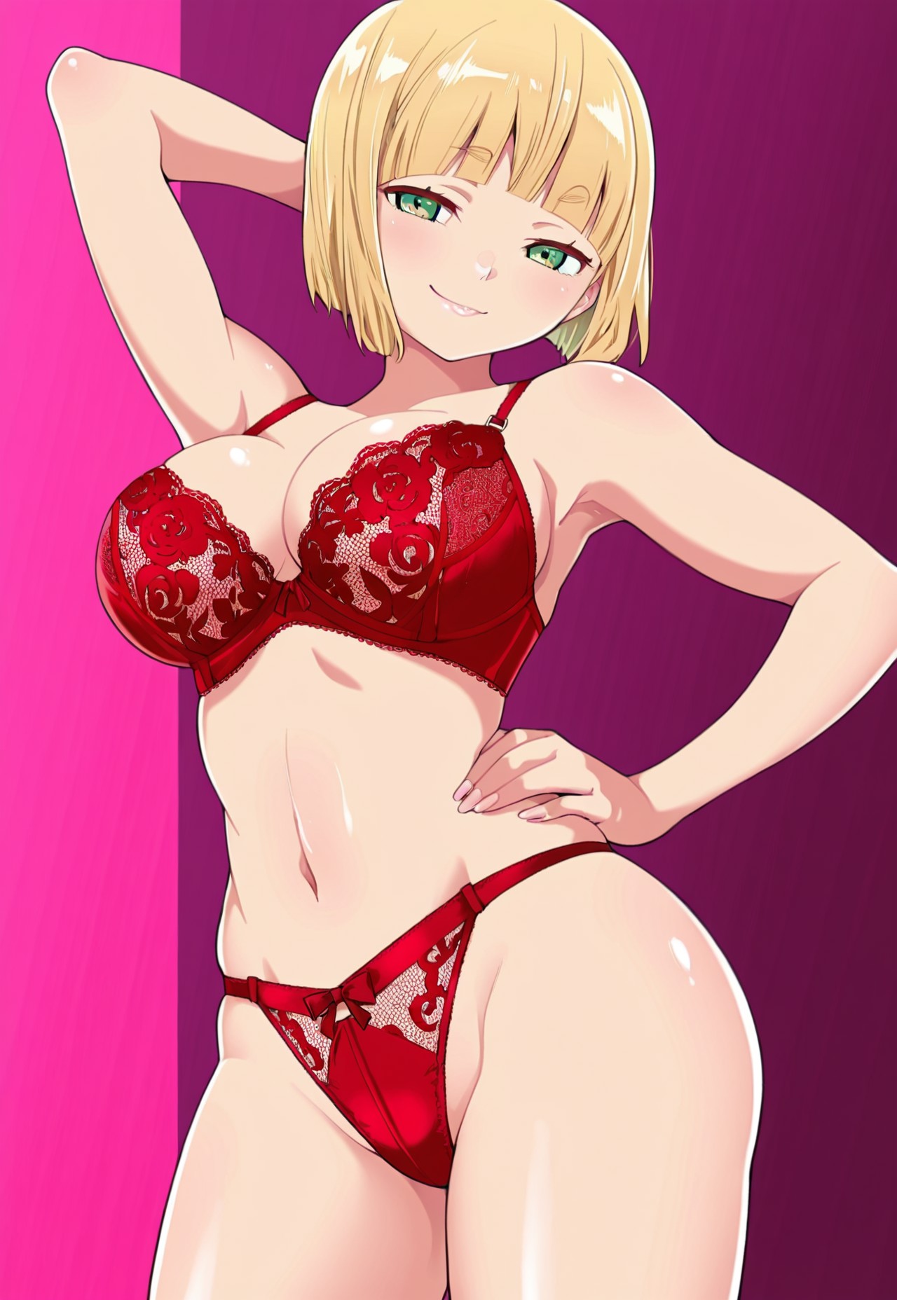 1girl, solo, shushu suruga, short blonde bob-cut hair, blunt bangs, expressive green eyes, large breasts, wide hips, red lace bra, strappy red thong, seductive pose, standing, body slightly turned, arm behind head, hand on hip, teasing smile, confident expression, curves emphasized, lingerie, smooth thighs, full colour