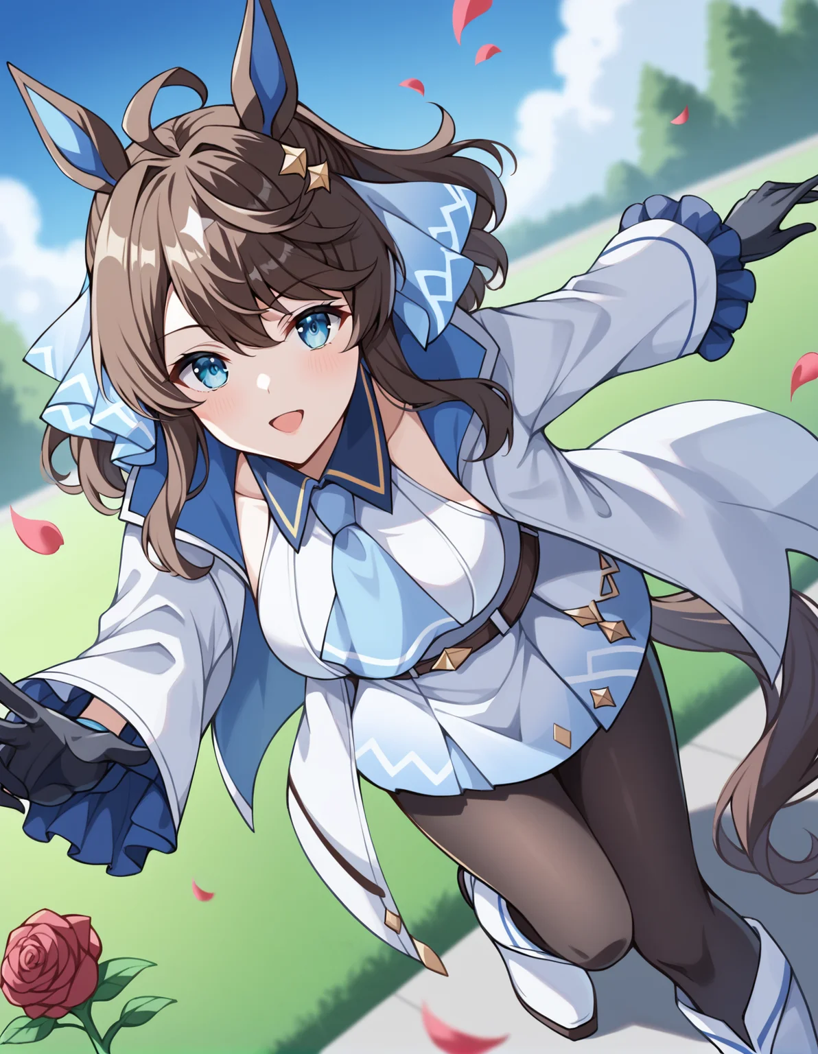 score_9, score_8_up, score_7_up, source_anime, rating_safe, BREAK <lora:daringTactXL_LoRA-C3Lier_AdamW_Dim8_Alpha8_UN-3e-4_TE-1.5e-4_10batch_ponyDiffusionV6XL_v6StartWithThisOne:1>, daring tact \(umamusume\), 1girl, horse girl, horse ears, ahoge, hair flaps, medium hair, brown hair, white hair, ponytail, sidelocks, blue eyes, horse tail, medium breasts, hair ribbon, hair ornament, white coat, open coat, long sleeves, white dress, sleeveless dress, blue ascot, belt, black gloves, black pantyhose, ankle boots, eye focus, dutch angle, looking at viewer, facing viewer, running, open hand, depth of field, leaning forward, flower, garden, rose, petals, falling petals, wing, night, night sky, moonlight