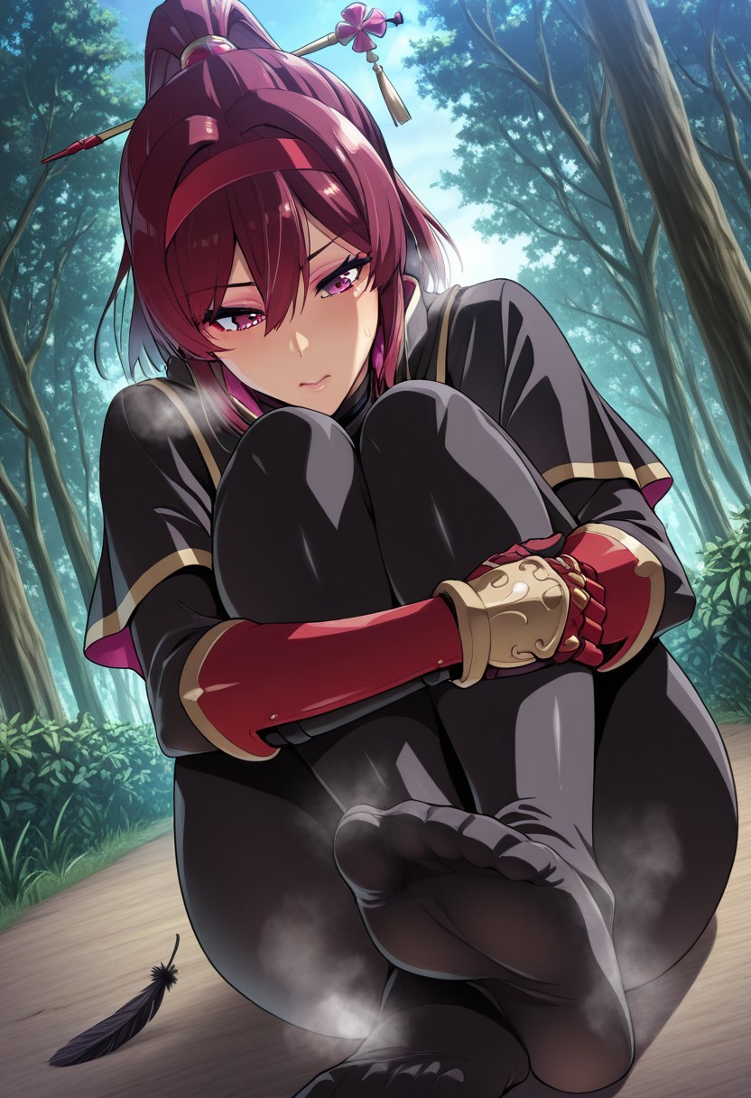 outdoors, undershirt, falling feathers, black bodysuit, hair stick, hugging own legs, , gauntlets,   eyeshadow,   red gloves,  high ponytail,  , black capelet, red hairband, pink eyes, 1girl, solo, feet, visible breath, 
 dynamic angle, foreshortening, smell, steam, Takeda Hiromitsu