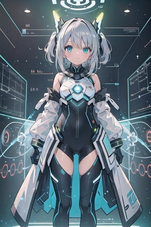 (masterpiece), (science fiction:1.4), 1girl, standing, smile, silver hair, aqua eyes, headgear, long sleeves, detached sleeves, glowing energy clothing, light particles