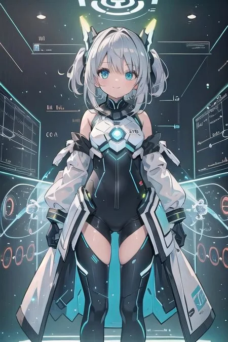 (masterpiece), (science fiction:1.4), 1girl, standing, smile, silver hair, aqua eyes, headgear, long sleeves, detached sleeves, glowing energy clothing, light particles