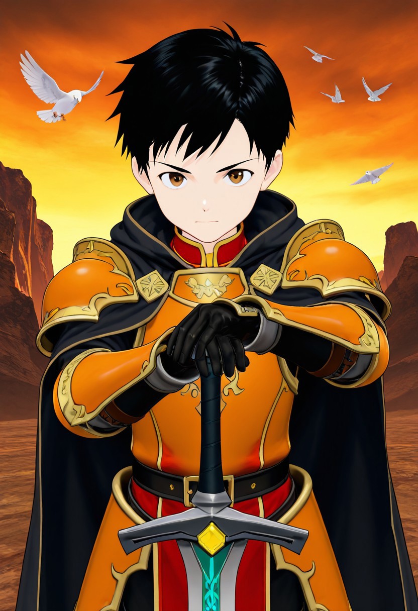 harmard, black hair, short hair, brown eyes, 1boy, solo, solo focus, young, youthful, he is dressed in a suit of dark iron platemail. Break. his right hand is holding up a black coloured sword, Properly holding the sword by the hilt, right hand up, brandishing a sword, his armour bears a crest of a yellow dove. fantasy armour. stylized silver dove emblems and symbols on armour and sheild. Break. epic background is a a beautiful palace. a strong wind is blowing his cape, orange coloured armour, ready to fight pose, dawn sky in the background