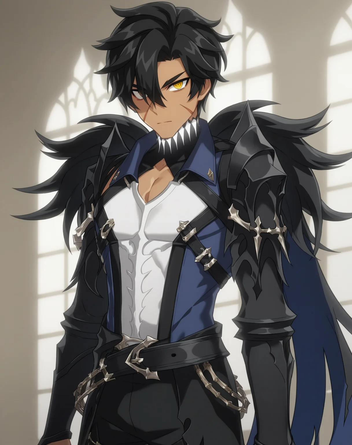 score_9, score_8_up, score_7_up, source_anime, anime screencap, depth of field, rating_safe, BREAK,
1boy, solo, yaoi, male focus, mature male,
looking at viewer, cowboy shot, facing viewer, straight-on,
<lora:raven_revenant:1> ravenrevenant, black hair, yellow eyes, short hair, hair over one eye, dark skin, scar on face,
indoors,